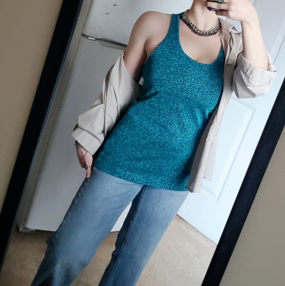 EXPRESS Glitzy Shimmery Metallic Turquoise Festive Semi-sheer Racerback Tank Top - Picture 6 of 16